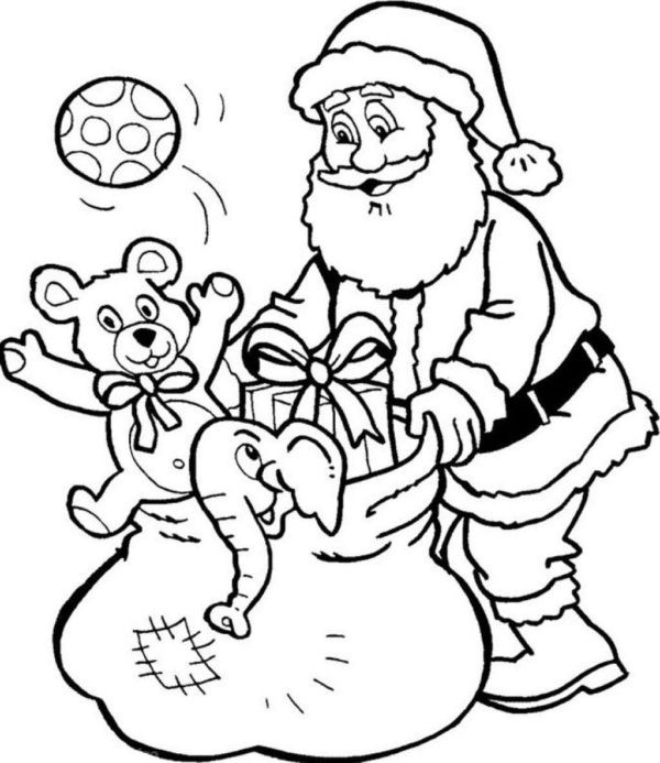 Święty Mikołaj z torbą prezentów kolorowanka do druku